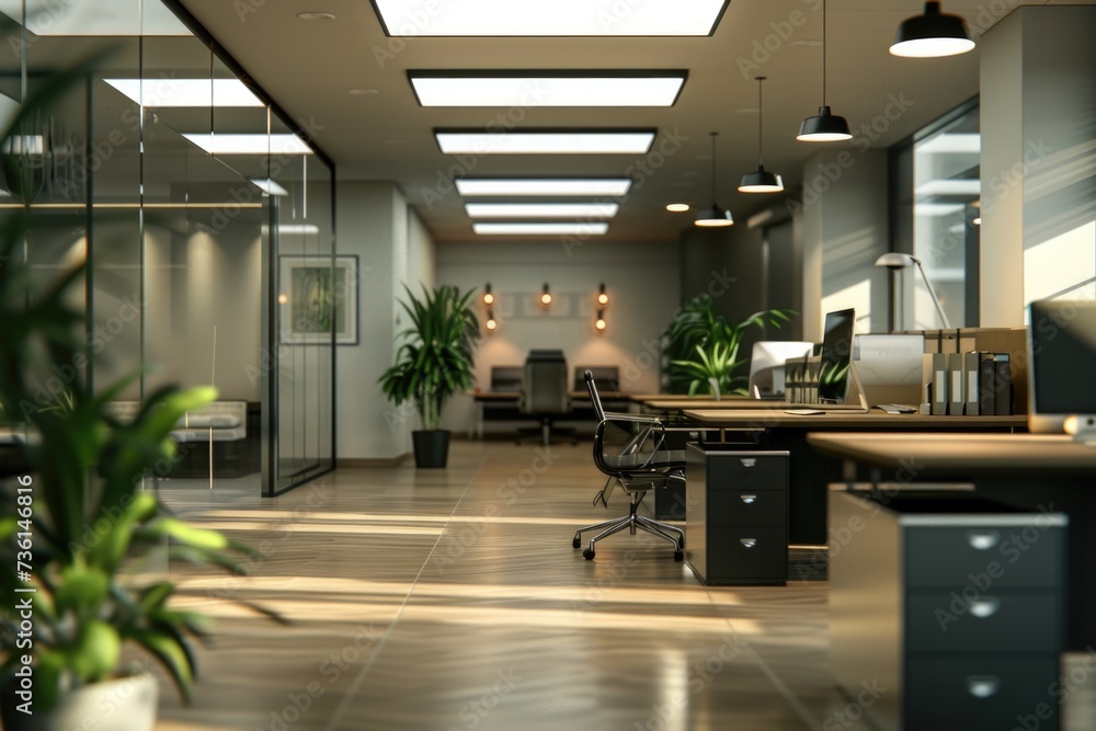 Poster A picture of an office space filled with multiple desks and plants. Ideal for showcasing a modern and vibrant work environment. Suitable for various business-related designs and concepts