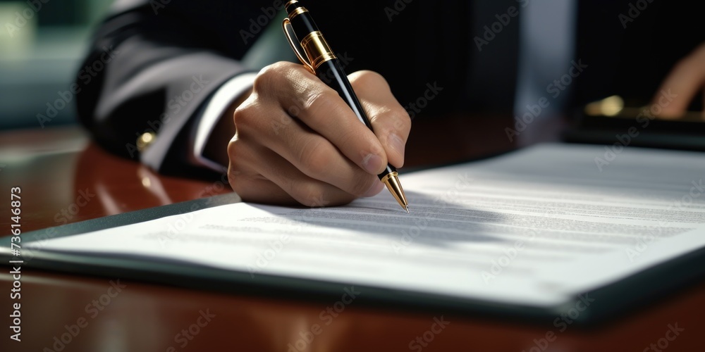 Poster a man in a suit is signing a document with a pen. this image can be used to represent business agree