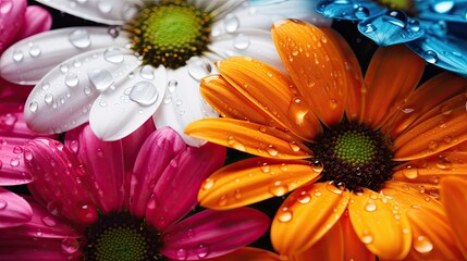 Close up of a colourful daisy flowers with water droplets, natural lighting, photography