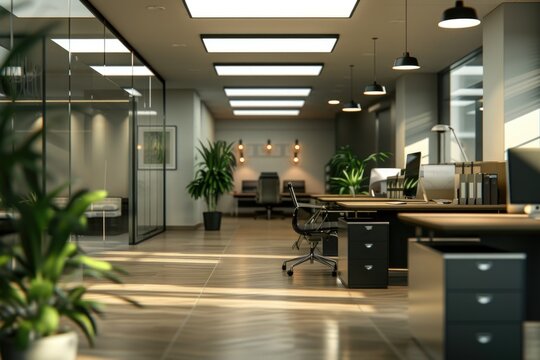 A picture of an office space filled with multiple desks and plants. Ideal for showcasing a modern and vibrant work environment. Suitable for various business-related designs and concepts