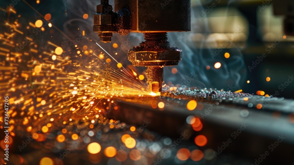 Poster A close-up view of a machine with sparks emanating from it. This image can be used to depict industrial processes, engineering, or the concept of innovation and creativity