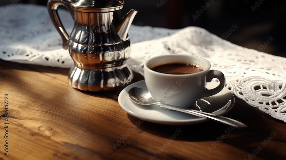 Poster a cup of coffee placed on a saucer. perfect for use in coffee shop advertisements or articles about 