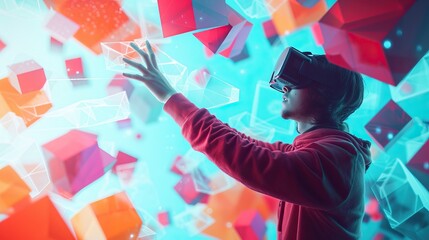 A person wearing a virtual reality headset is seen standing in front of a vibrant wall, completely absorbed in a breathtaking digital world. - obrazy, fototapety, plakaty