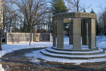 Ludwigsfelde, Germany - Jan 20, 2024: This Red Army war cemetery contains a mass grave with 391 Soviet soldiers who were killed in 1945 during Second World War. Sunny winter day. Selective focus