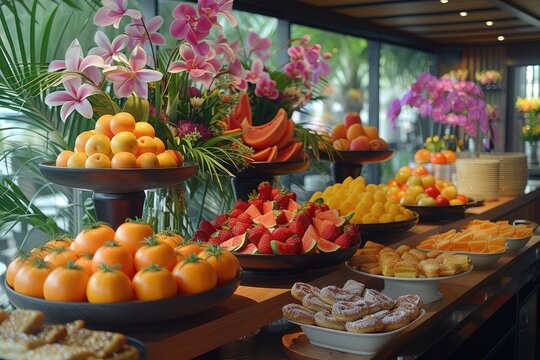 dining table restaurant showing at the top a display of fruits and some pastry advertising food photography