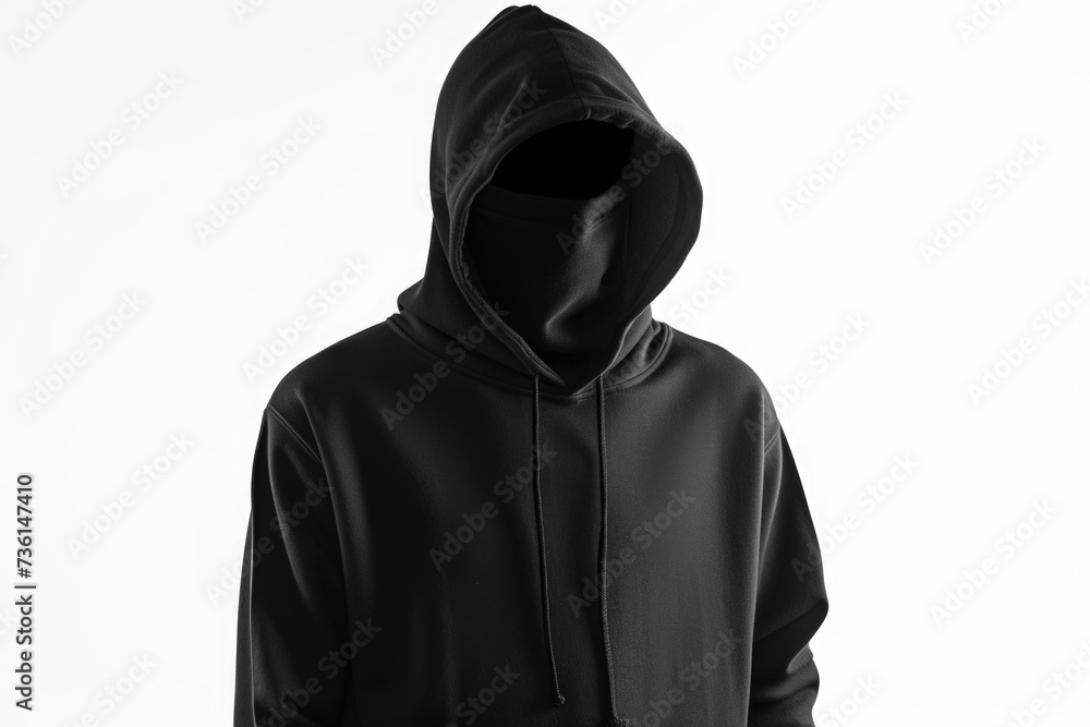 Poster a man wearing a black hoodie stands in front of a plain white background. this versatile image can b