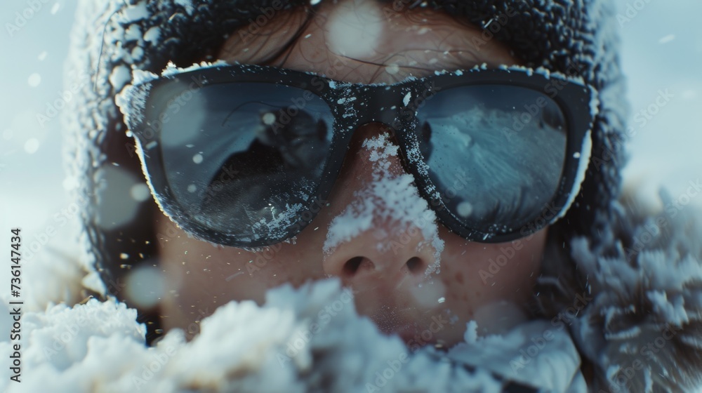 Poster a person is pictured wearing sunglasses and a hat that are covered in snow. this image can be used t