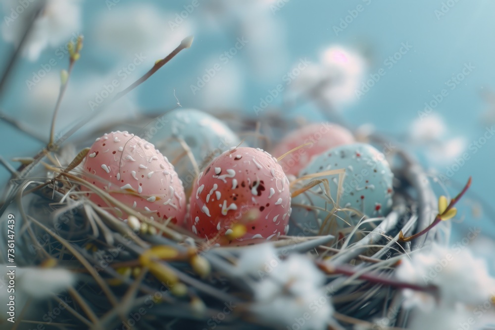 Aufkleber A close-up view of a nest containing eggs. This image can be used to depict the beginning of new life or the concept of nurturing and protection