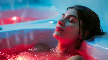 A woman relaxing in the sensory deprivation tank - obrazy, fototapety, plakaty