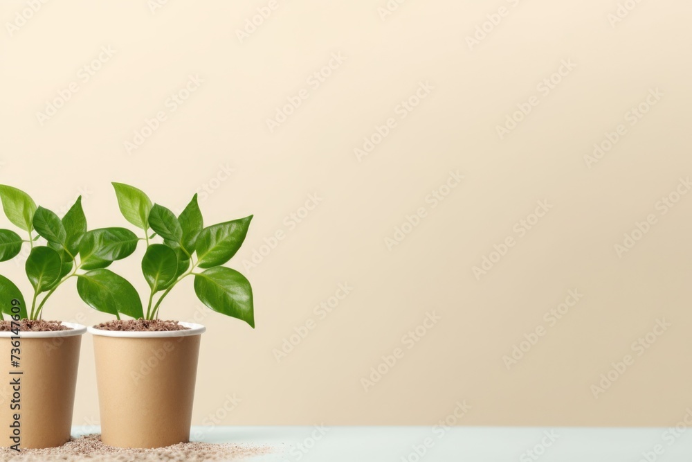 Poster two potted plants placed on a table. perfect for adding a touch of greenery to any indoor or outdoor