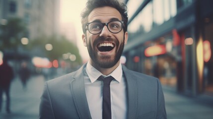A man wearing a suit and tie is captured in a moment of genuine laughter. This image can be used to portray happiness, joy, or humor in various professional or personal contexts - Powered by Adobe