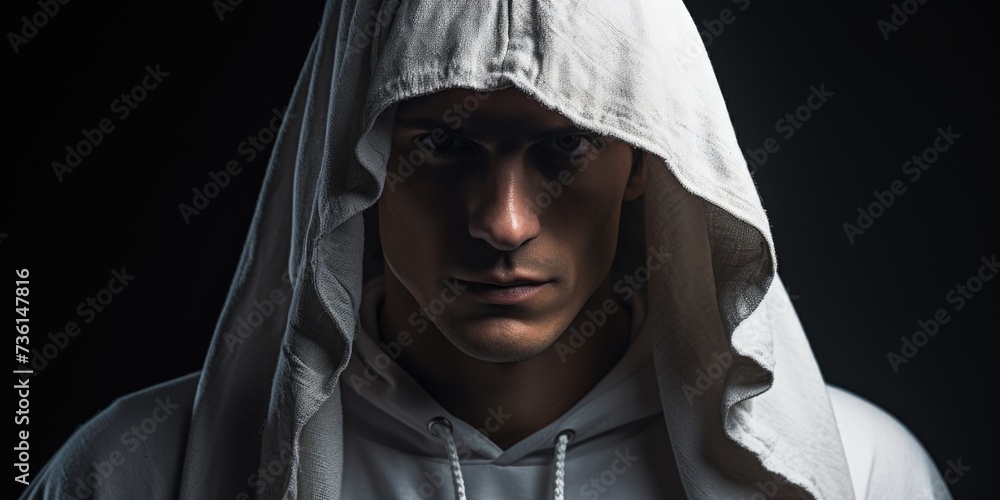 Poster a man wearing a white hoodie looking directly at the camera. suitable for various uses