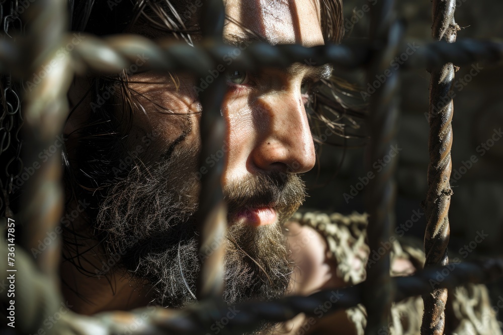 Poster A close-up shot of a person standing behind a fence. This image can be used to depict concepts such as imprisonment, isolation, or restricted access