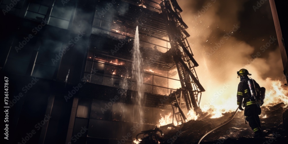 Poster a firefighter stands in front of a building engulfed in flames. this image can be used to depict bra