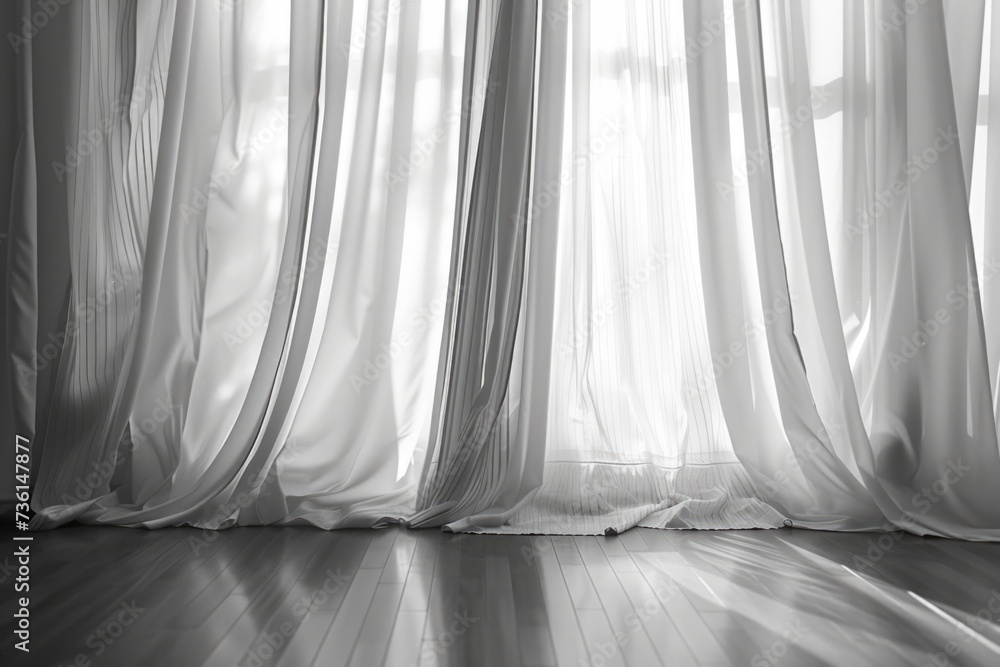 Poster a black and white photo of a curtain. suitable for interior design projects or adding a touch of ele