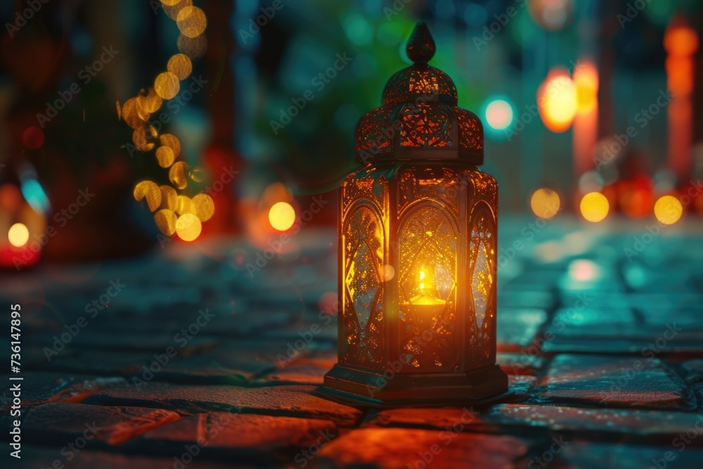 Poster a lit up lantern sitting on a brick walkway. perfect for adding a warm and inviting atmosphere to an