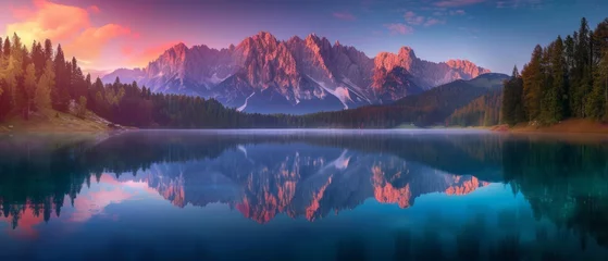 Rolgordijnen Calm morning view of Fusine lake. Colorful summer sunrise in Julian Alps with Mangart peak on background, Province of Udine, Italy, Europe. Beauty of nature concept background © Artem