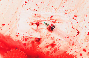 Splashes of blood dripping into the sink in the bathroom. red virus molecules syringe medical mask