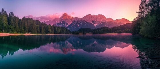 Calm morning view of Fusine lake. Colorful summer sunrise in Julian Alps with Mangart peak on background, Province of Udine, Italy, Europe. Beauty of nature concept background