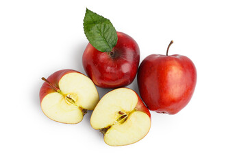 Fresh red apples with leaf on white background