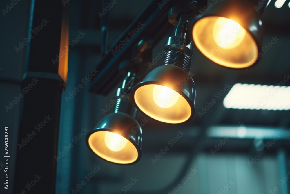 Poster A row of lights hanging from a ceiling. Can be used to add ambiance and lighting to any space
