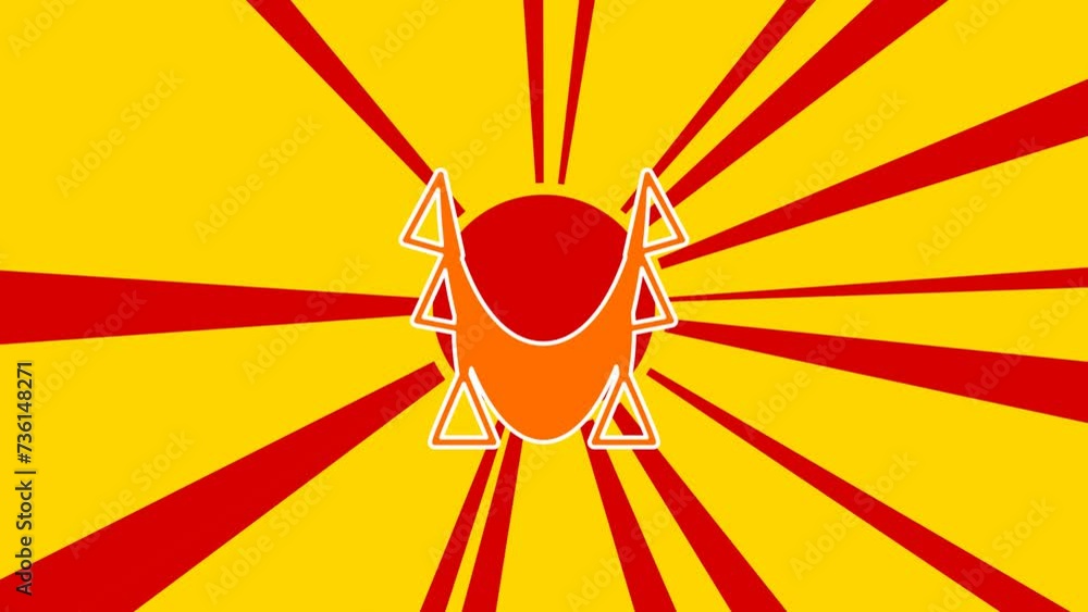 Poster yoga hammock symbol on the background of animation from moving rays of the sun. large orange symbol 