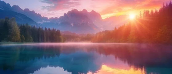 Schilderijen op glas Calm morning view of Fusine lake. Colorful summer sunrise in Julian Alps with Mangart peak on background, Province of Udine, Italy, Europe. Beauty of nature concept background © Artem