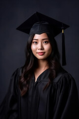 Studio Portrait happy proud korean female college graduate in cap and gown