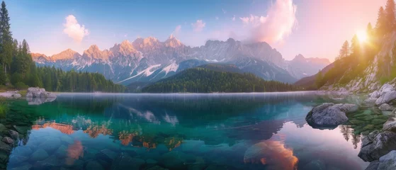 Foto op Canvas Calm morning view of Fusine lake. Colorful summer sunrise in Julian Alps with Mangart peak on background, Province of Udine, Italy, Europe. Beauty of nature concept background © Artem