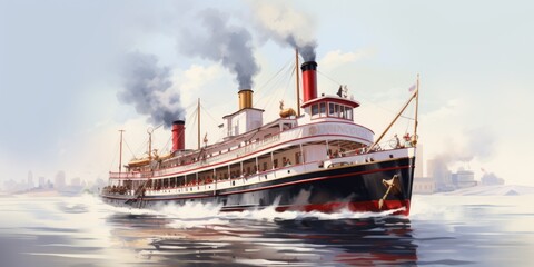 A painting of a steam ship in the water. Suitable for nautical themes and historical illustrations - obrazy, fototapety, plakaty