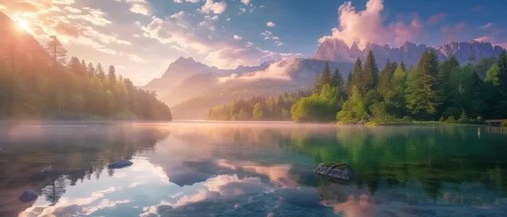 Zelfklevend Fotobehang Calm morning view of Fusine lake. Colorful summer sunrise in Julian Alps with Mangart peak on background, Province of Udine, Italy, Europe. Beauty of nature concept background © Artem