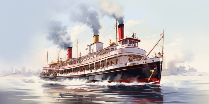 A painting of a steam ship in the water. Suitable for nautical themes and historical illustrations