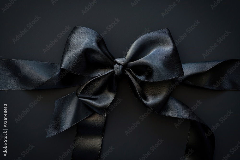 Poster a black ribbon tied to a bow on a black background. suitable for various occasions and designs