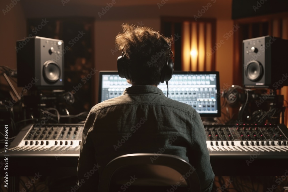 Poster A man sitting in front of a computer in a recording studio. Perfect for illustrating the process of music production or working on audio editing projects