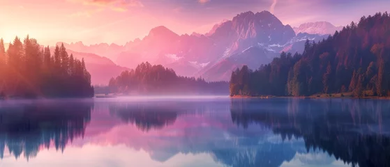 Poster Calm morning view of Fusine lake. Colorful summer sunrise in Julian Alps with Mangart peak on background, Province of Udine, Italy, Europe. Beauty of nature concept background © Artem
