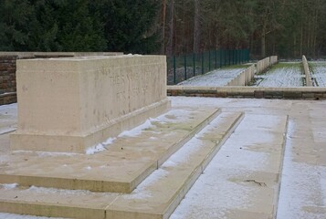 Stahnsdorf, Germany - Jan 22, 2024: This Commonwealth war cemetery contains the graves of 1,176 Commonwealth solders who lost their lives during the First World War. Cloudy winter day. Selective focus