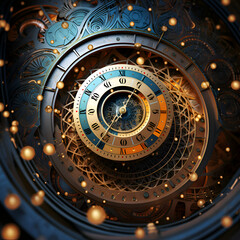 3d rendering of a clock with a golden dial in the center