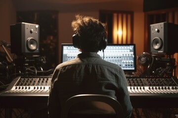 A man sitting in front of a computer in a recording studio. Perfect for illustrating the process of music production or working on audio editing projects