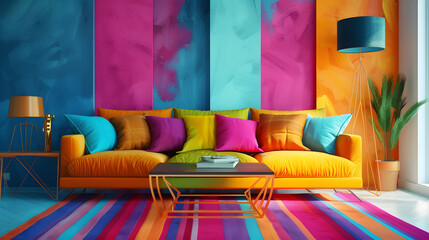 Photo of a vibrant interior with colorful furniture and abstract art