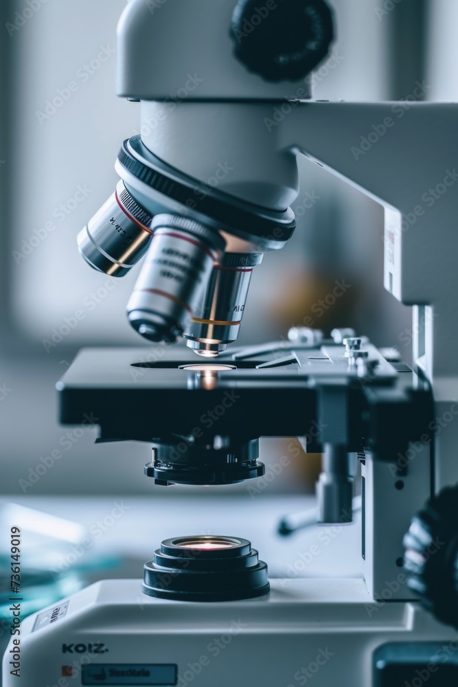 Poster a close-up view of a microscope placed on a table. suitable for scientific research and educational 
