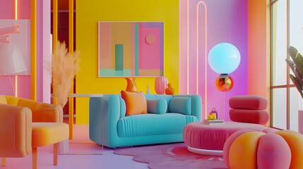 Photo of a vibrant interior with colorful furniture and abstract art
