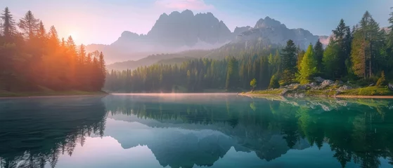 Foto auf Glas Calm morning view of Fusine lake. Colorful summer sunrise in Julian Alps with Mangart peak on background, Province of Udine, Italy, Europe. Beauty of nature concept background © Artem