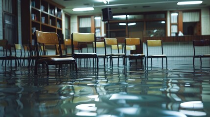 Chairs lined up in a room with water on the floor. Suitable for illustrating concepts of flooding or water damage.