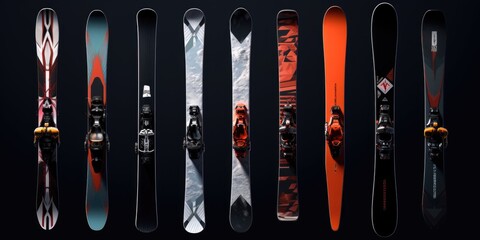 A row of skis lined up next to each other. Suitable for winter sports and outdoor activities