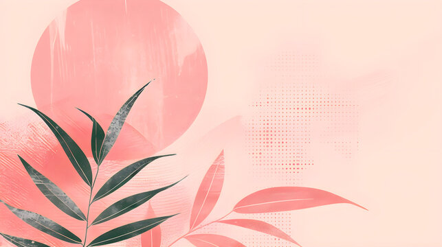 Abstract botanical background with green tropical foliage on pink background. Halftone print using dots, harmonious balance.