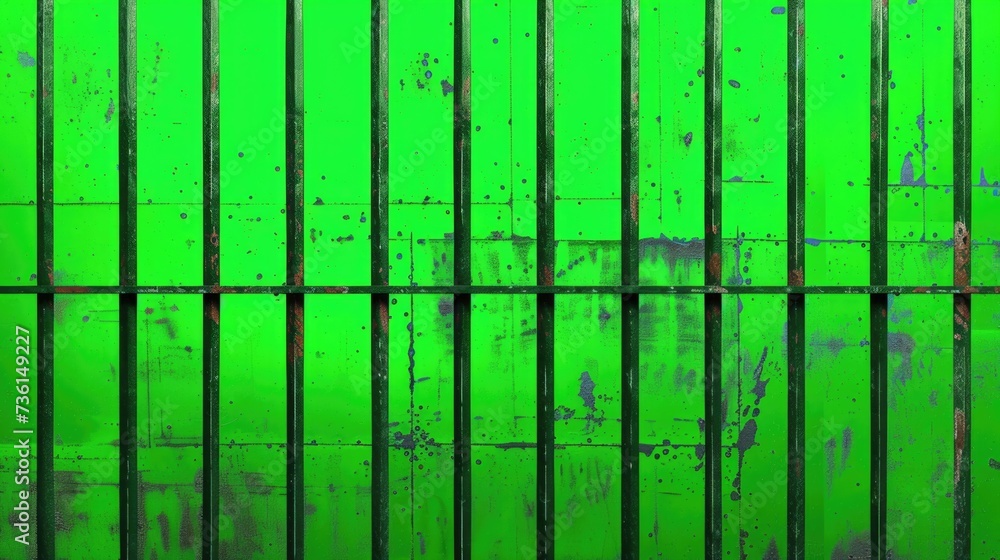 Poster A detailed close up of a metal fence with a vibrant green paint. Perfect for adding an industrial touch to any design project