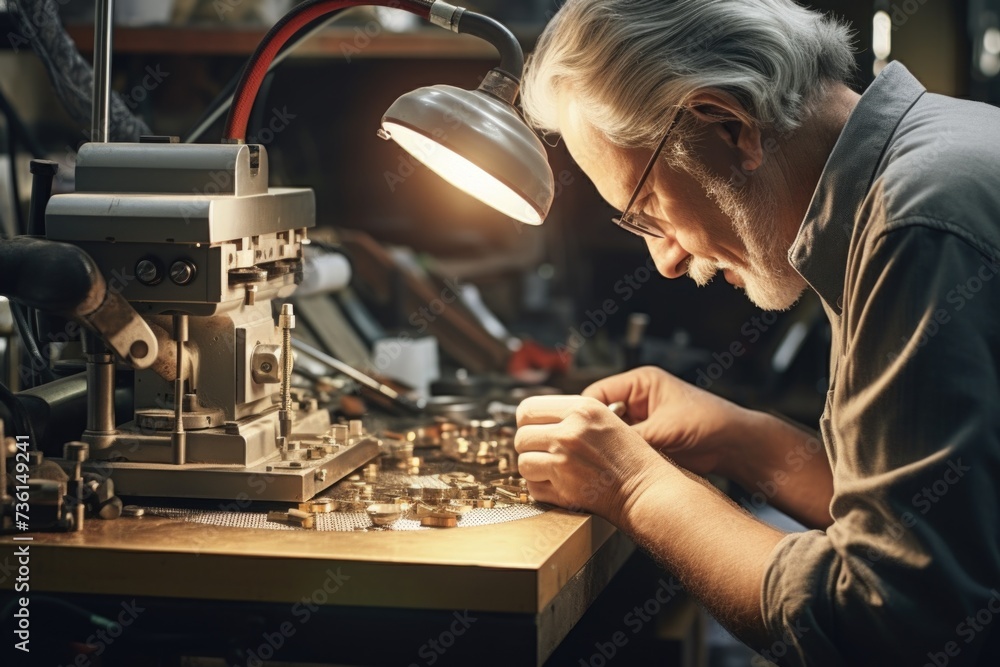 Aufkleber a man is seen working on a machine in a workshop. this image can be used to depict industrial work, 