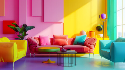 Photo of a vibrant interior with colorful furniture and abstract art