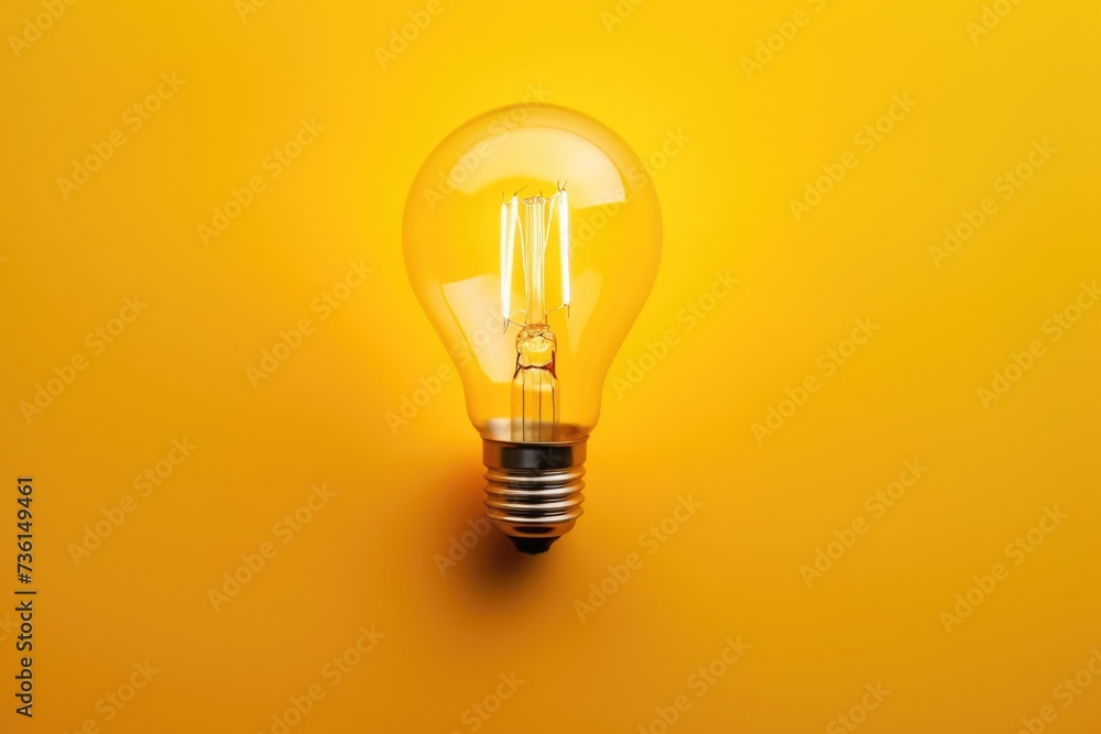 Poster A single light bulb shining brightly on a vibrant yellow background. Perfect for adding a pop of color and brightness to any project