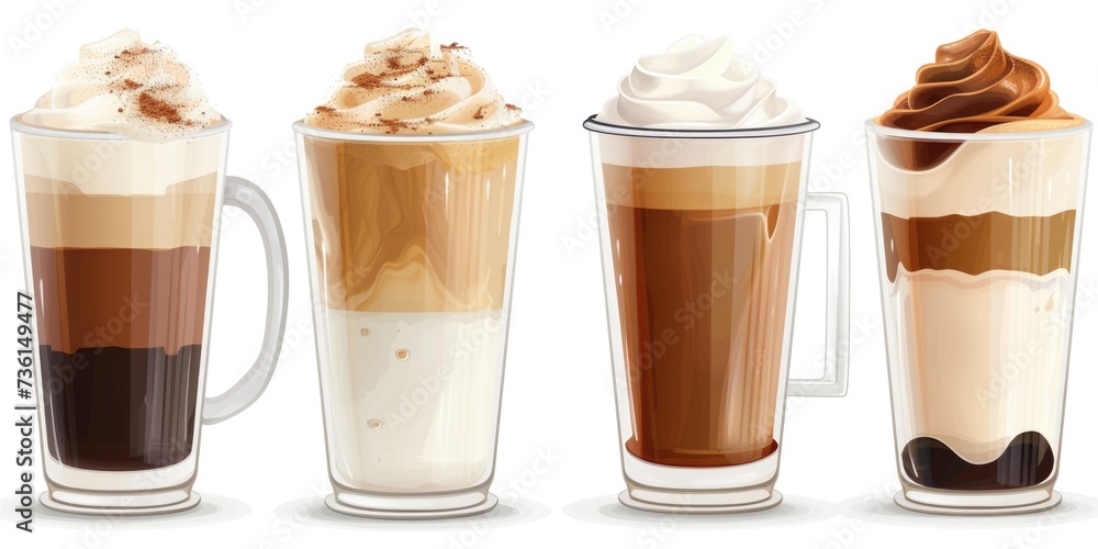 Poster a collection of four different types of iced coffee. ideal for coffee shop menus and beverage advert